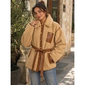 Sandro Paris Shearling Teddy Jacket Size 3 Large Beige Leather Trim Belted Coat
